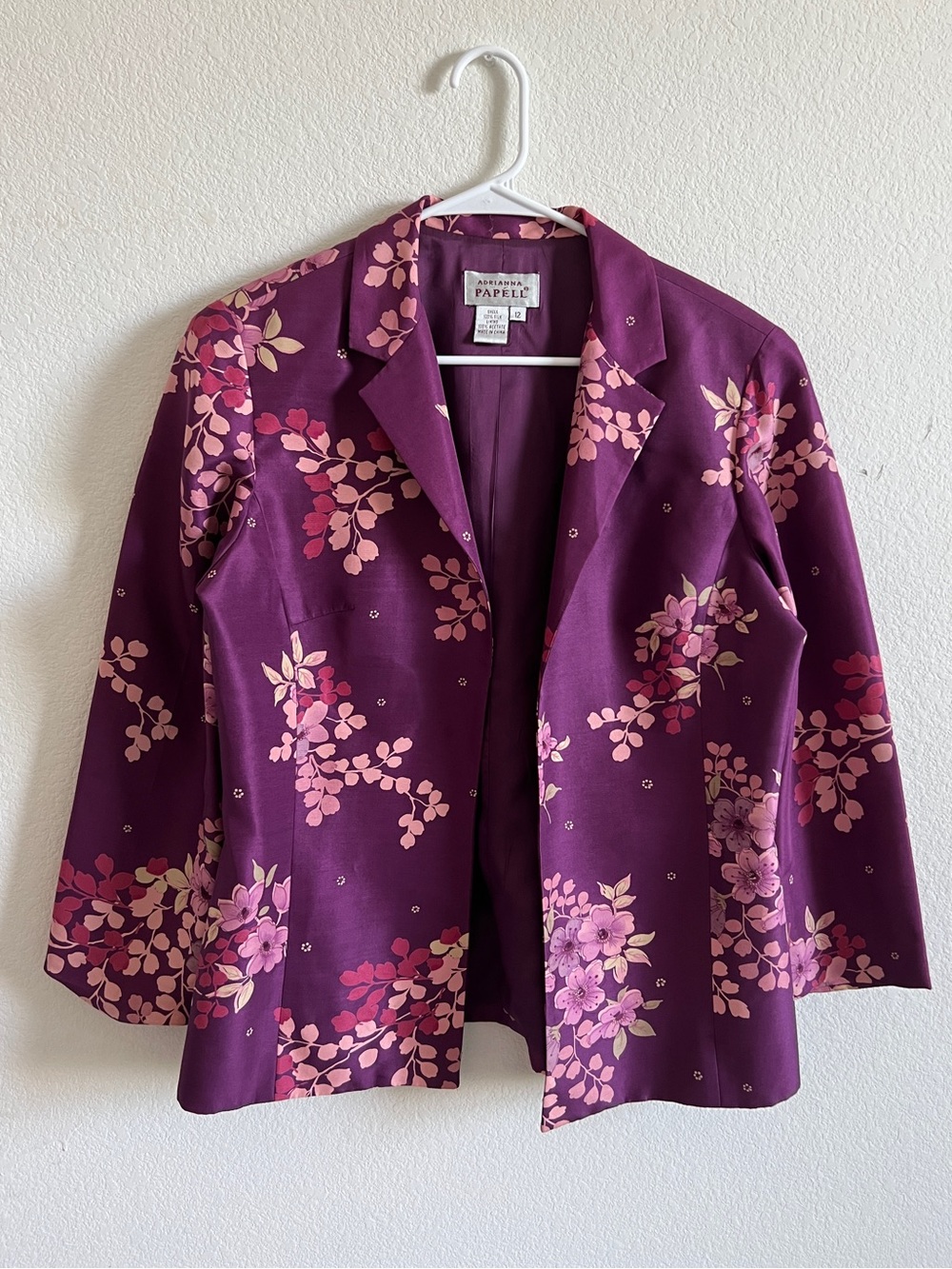 VTG 90’s Adrianna Papell Plum Floral Blazer 100% Silk Jacket shoulder pad
